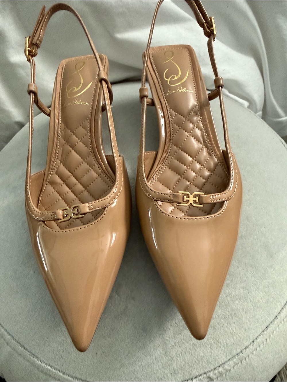 Sam Edelman Nude Patent Pointed Slingback Heels with Gold Accent